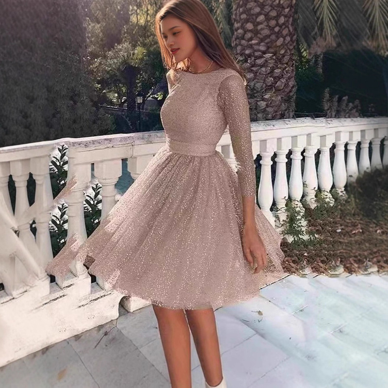 Foreign Trade European and American New Long-Sleeved Dress High-Waisted Evening Dress Cocktail Party Dress Women's Fashion Multi-Color Dress