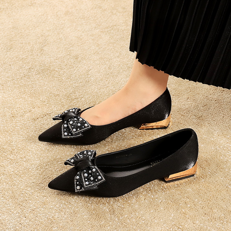 83925-H99 coarse single shoes pearl bow shallow mouth French women's shoes temperament versatile wedding dress pointed shoes