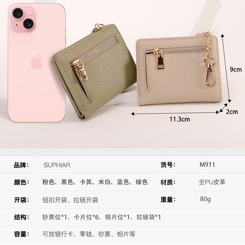 Nuevo paquete de dinero pequeño, cambio, monedero corto para mujer, bolso colgante, patrón de lichi, monedero con cremallera simple