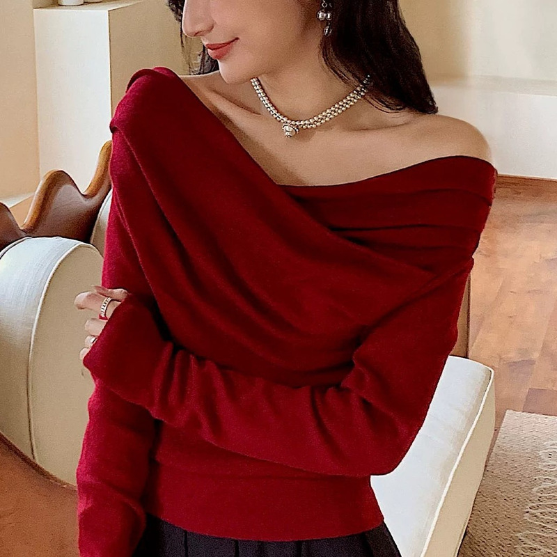 wine red off-shoulder thin chic beautiful wool sweater base top women's engagement dress high-end