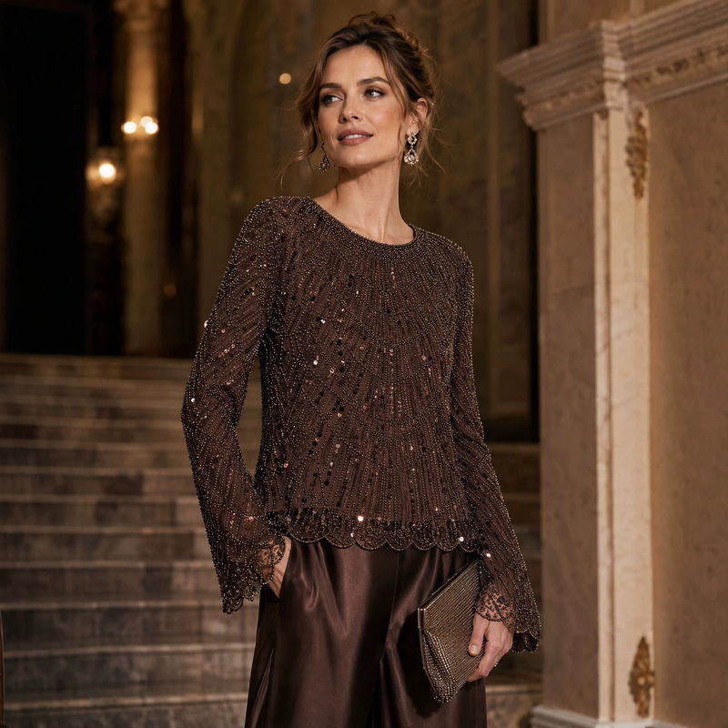 New European and American style, heavily embellished with pearls and sequins, round-neck long-sleeve T-shirt for women, autumn/winter, elegant mesh and lace top