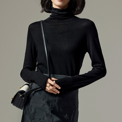 Layered High-Neck Long-Sleeve Solid Color Knit Top Series Slim Fit Women's Commuting Sweater