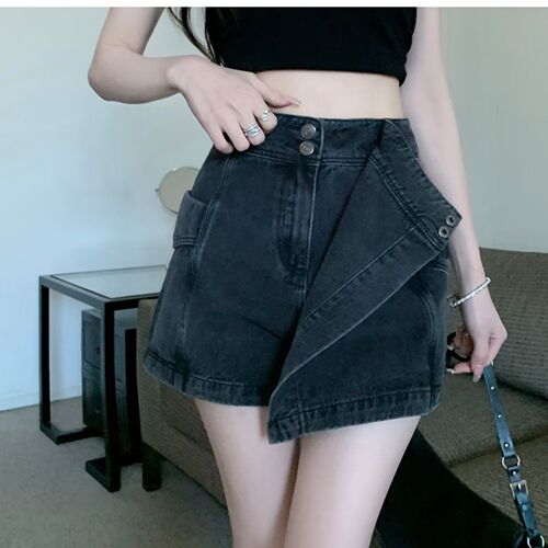 A-line denim culottes women's pantskirt, irregular fit, hip-hugging, summer hot-girl style, short height-friendly, high waist, slimming, anti-exposure.