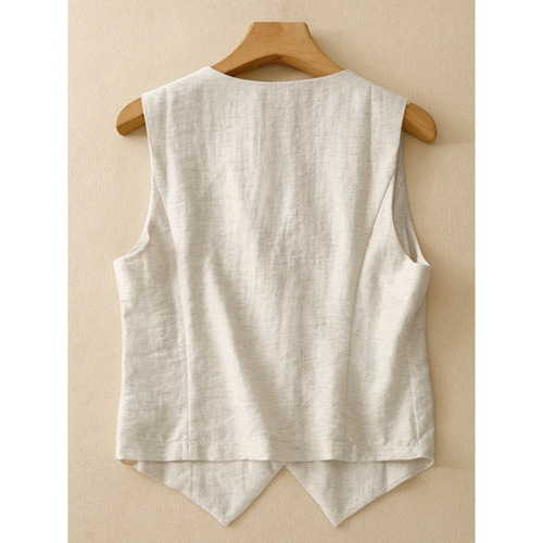 Summer outerwear vest women's pure color V-neck linen cardigan, elegant and slimming sleeveless cotton linen lapel top thin