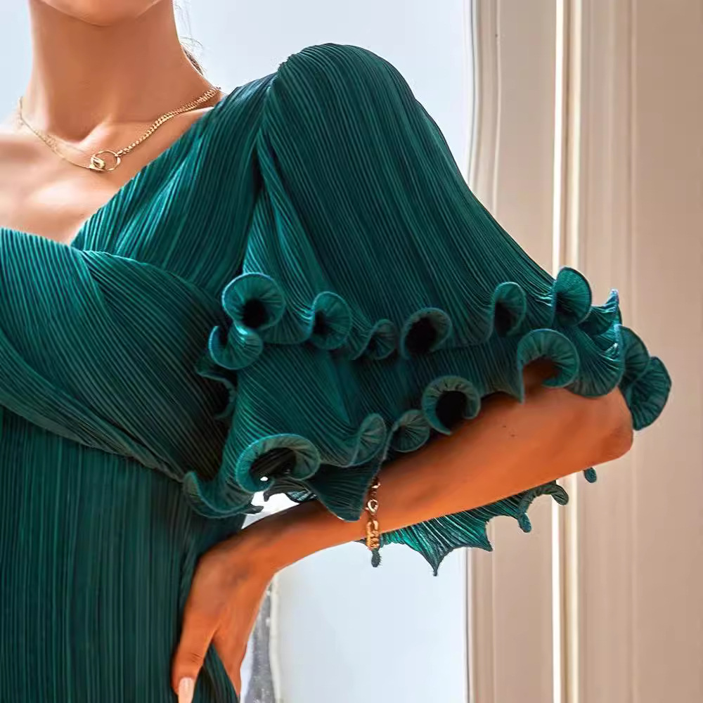 Ropa de mujer transfronteriza europea y americana nuevo temperamento verde entrecruzado diseño campana manga partido vestido de grupo de longitud media