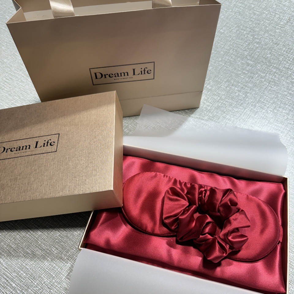 Regalos de alta gama, almohada de seda de alta calidad, cubierta de ojos, anillo de cabello, caja de regalo de seda, 100% seda de morera, conjunto de tres piezas