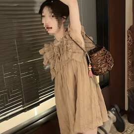 法式温柔风高级感荷叶边茶歇连衣裙女夏季宽松裙子小个子雪纺短裙