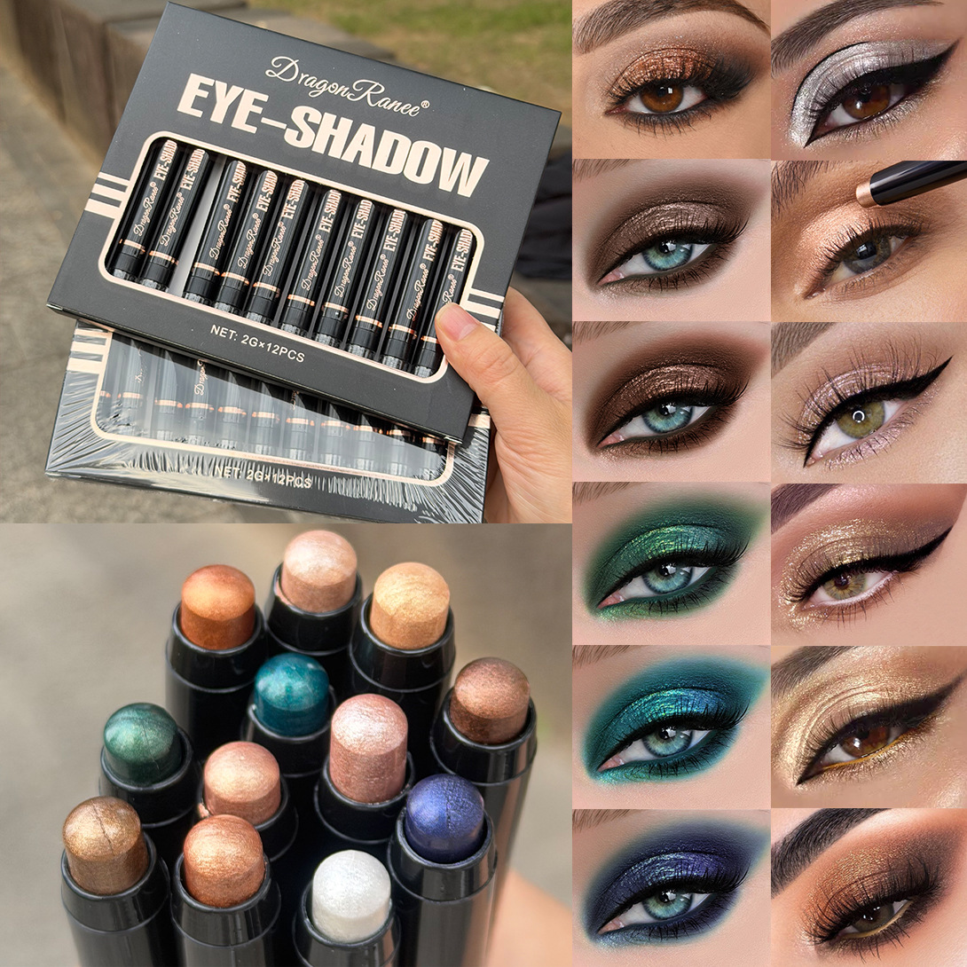 Dragonranee Eyeliner Eye Shadow Pen 12 Color Set Lazy Matte Pearlescent Eye Shadow Stick Set Cross-Border