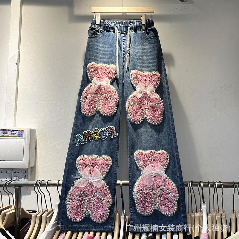 Cross-Border Foreign Trade European and American Style Heavy Beaded Letter Cartoon Anime Elastic Waist Wide-Leg Jeans Versatile Trendy Long Pants Cross-Border Foreign Trade European and American Style Heavy Beaded Letter Cartoon Anime Elastic Waist Wide-Leg Jeans Versatile Trendy Long Pants