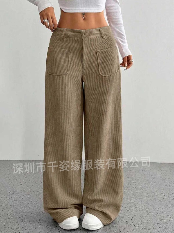 欧美女装亚马逊跨境爆款休闲裤灯芯绒高腰多口袋宽松拖地阔腿裤|undefined