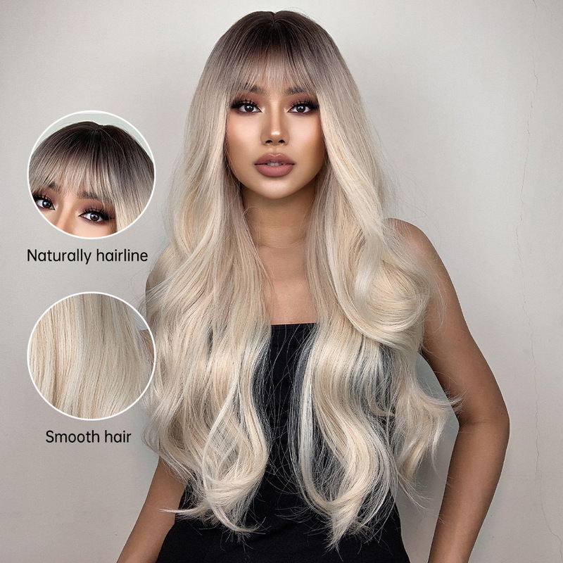 国境を越えた欧米のかつらの女性hairチー前髪長いカールグラデーションホワイトゴールド新製品メカニズム化繊頭カバーwigs|undefined