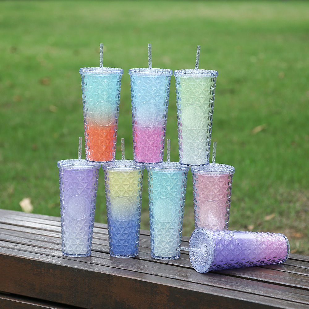 Vaso de Plástico con Pajita de Plástico PS Doble Capa y Ecológico para Oficina y Hogar