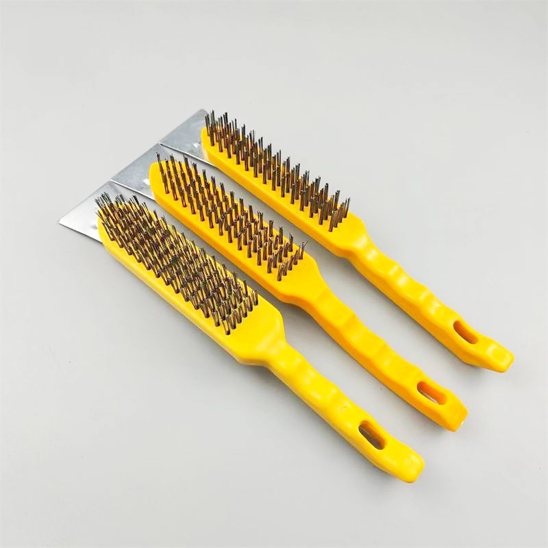 Cepillo de alambre con mango de plástico para limpiar cepillo de alambre de cobre con mango de plástico de acero industrial, cepillo de alambre de acero chapado en cobre para descontaminar a mano y duradero