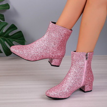外贸时尚粉色女鞋2023秋季新款外穿亮片粗跟软底侧拉链女靴马丁靴