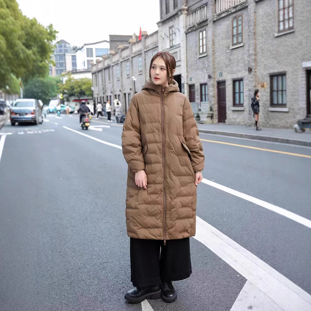 2024 autumn and winter white duck down plus size loose cocoon rhombus loose version hooded long knee down jacket