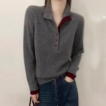 欧货半开领拼色针织套头毛衣女2025秋冬新款潮流百搭针织衫上衣女