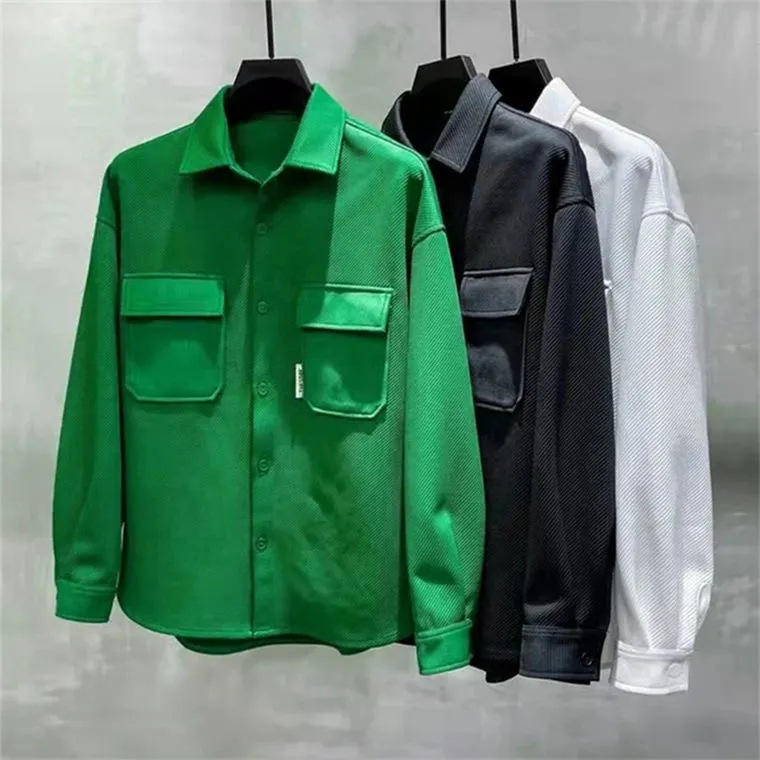 Otoño nueva solapa camisa abrigo hombres marca de moda suelta forro de punto ropa de los hombres chaqueta casual