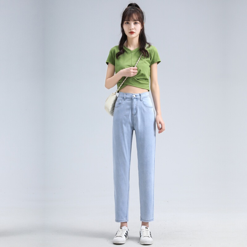 Tencel Harem Pants Denim Women's Summer New High-Waist Design Elastic Waist Ice Silk Loose Straight Daddy Pants