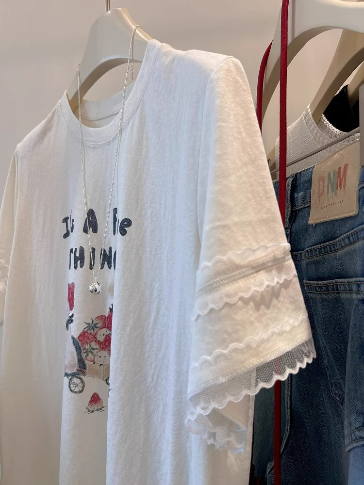 Super Beautiful Lace Sleeves! Korean Simple Casual Strawberry Print Cartoon Youthful Versatile Slimming Short-Sleeve T-Shirt for Women