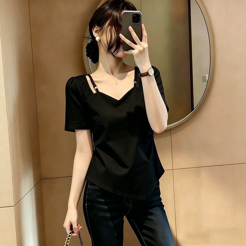 Áo thun nữ cổ vuông tay ngắn form rộng, thiết kế thắt eo che bụng cho người đầy đặn — màu đen, xanh lam, màu trắng, xanh lá cây chi tiết 3