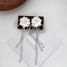 新款长款珍珠流苏耳环新娘花朵配饰气质婚纱礼服旅拍网红夸张耳饰