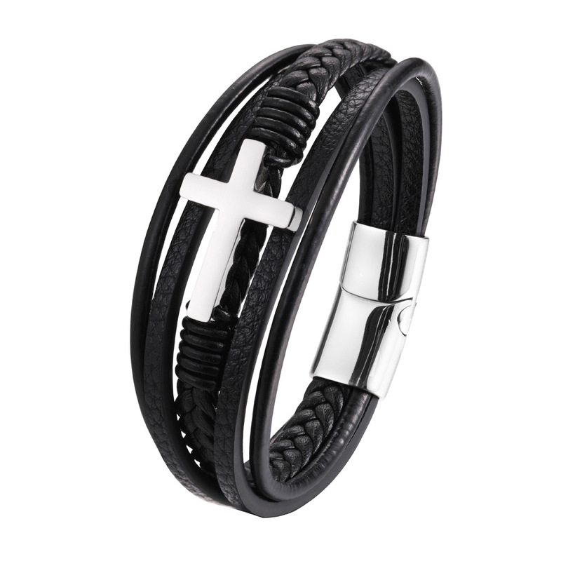 Black Multi-Layer Leather Men's Cross Bracelet Leather Rope Braided Jewelry Stainless Steel Bracelet Genuine Leather Magnet Buckle