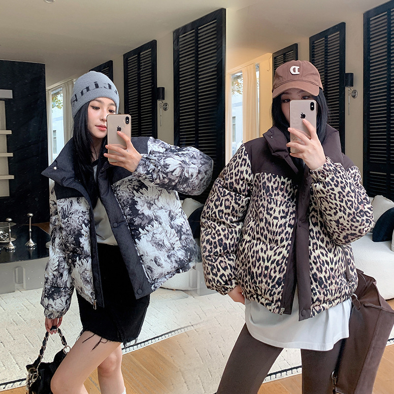 外贸2025秋冬新款欧美豹纹色棉服外套女加厚短款连帽夹克羽绒棉衣|undefined
