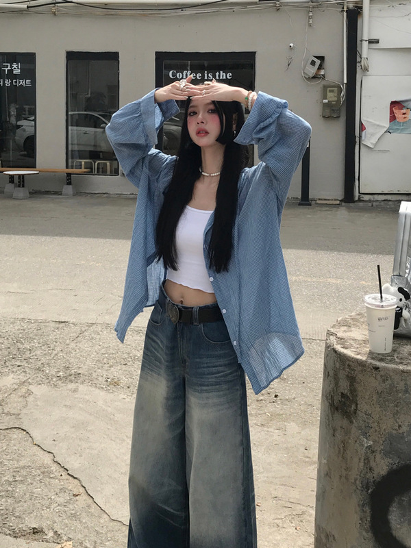 松弛感复古格纹连帽长袖衬衫女秋季2025新款外搭开衫衬衣宽松上衣|undefined