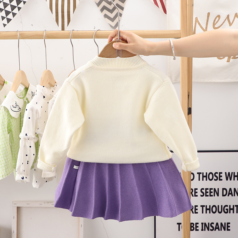 New Autumn Knitted Set Girl's Cute Hooked Flower Woolen Dress Warm cardigan pleated skirt_voghion.com