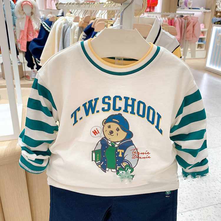 2024 New Spring Teddy Bear Boys' Printed Striped Crew Neck Long Sleeve T-Shirt Casual Long Sleeve Top Trendy