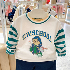 2024 New Spring Teddy Bear Boys' Printed Striped Crew Neck Long Sleeve T-Shirt Casual Long Sleeve Top Trendy
