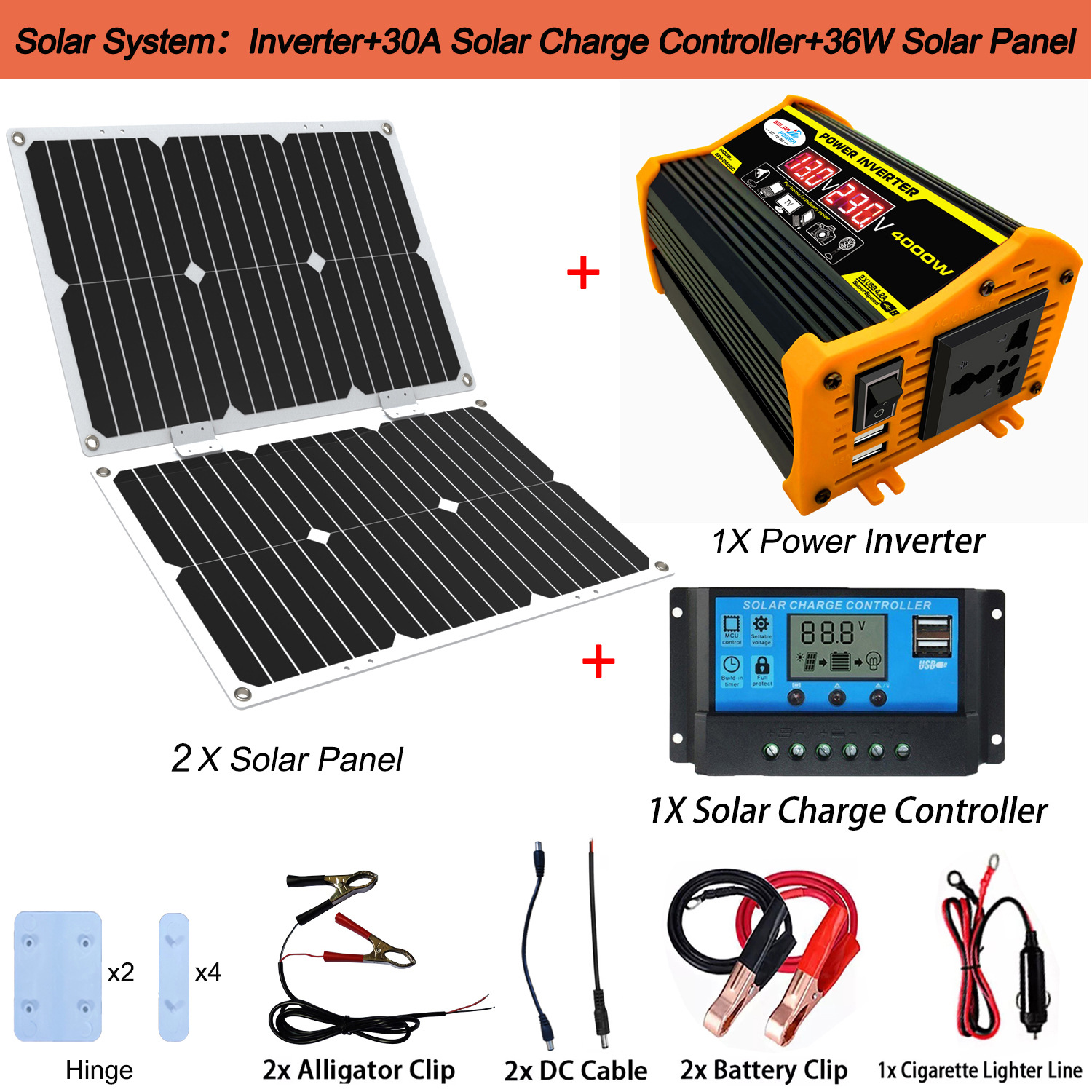 300W太阳能发电系统12V转220V/110V逆变器 36W太阳能板 30A控制器