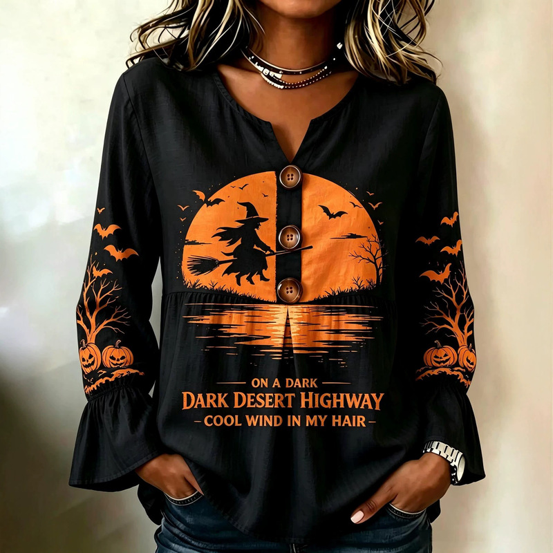 2026 Cross-Border Foreign Trade Amazon Independent Site Summer New Women's Halloween Witch Print Long Sleeve Shirt 2026 Cross-Border Foreign Trade Amazon Independent Site Summer New Women's Halloween Witch Print Long Sleeve Shirt