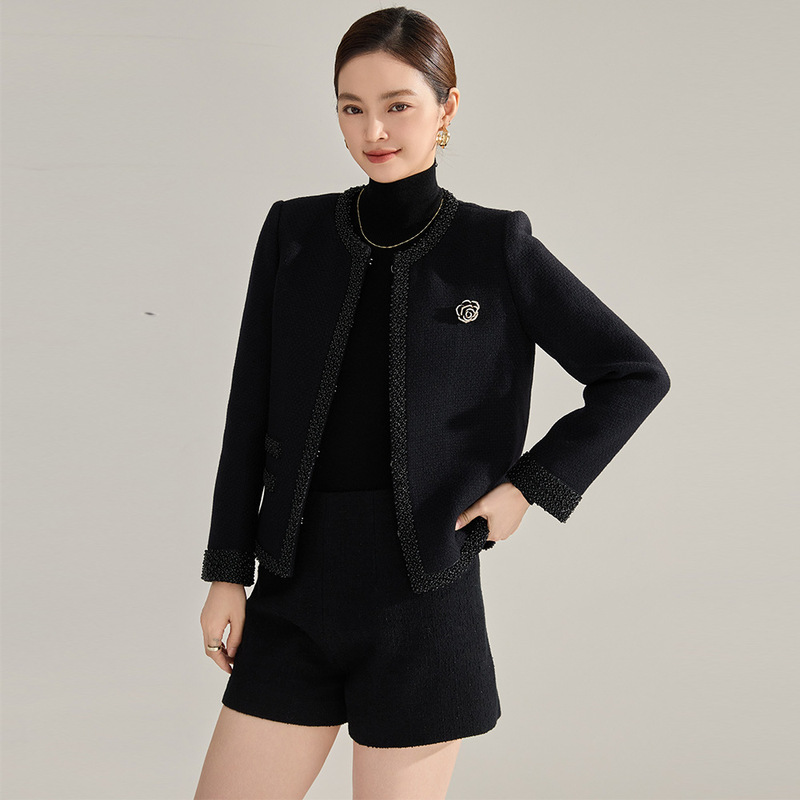 Early Spring Heavy Beaded Wool Tweed Chanel-Style Short Jacket for Women, Fashionable and Elegant Slim-Fit Jacket 18248