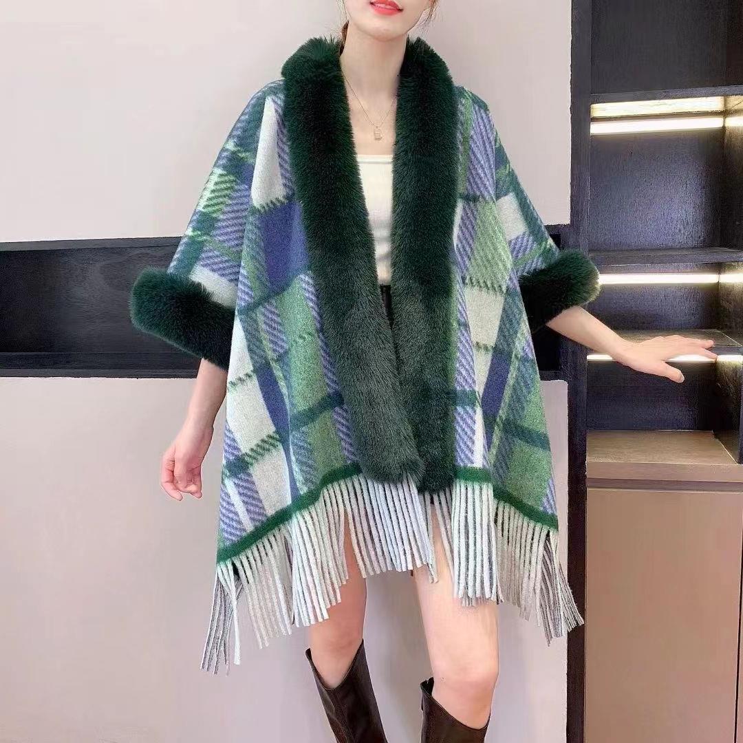 Lockerer Wollkragen mit kariertem Quasten-Strickschal-Umhang in großer Größe, Strickjacke, Pullover, Mantel für Damen_voghion.com