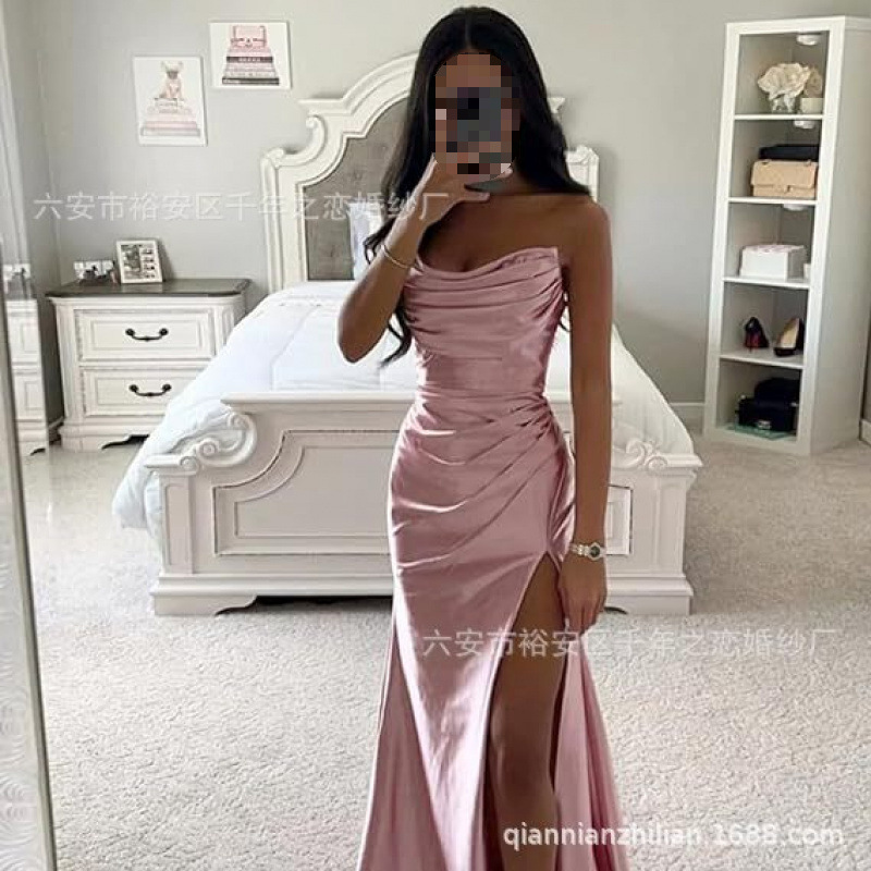 Strapless Satin Bridesmaid Dresses Long Women Pleated Mermaid Sheath Evening Dress Cocktail Prom Gowns Wholesale