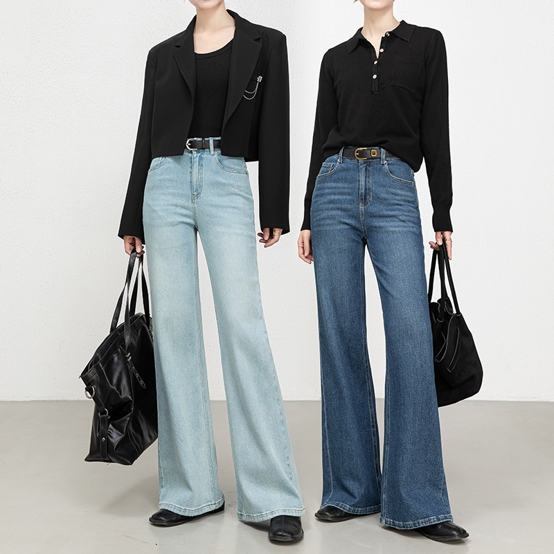 Qadın yüksək belli denim şalvar - Koreya üslubu, geniş paça