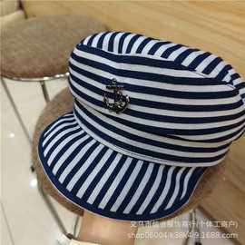 海军蓝水手帽2026新款防晒帽子女条纹鸭舌帽高级感韩系八角帽
