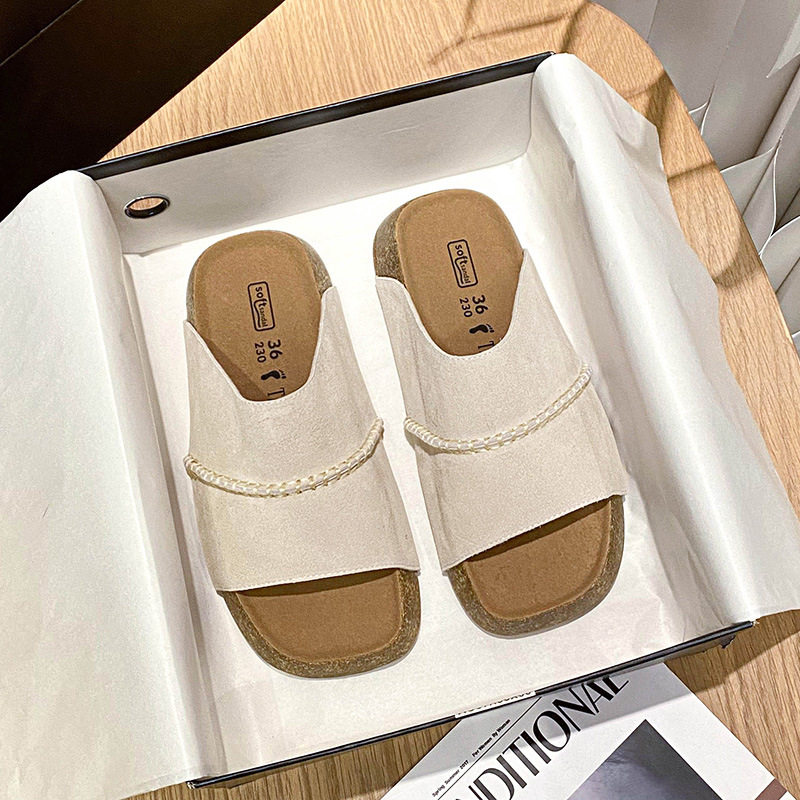 Dép sandal nữ quai ngang đế dày bằng gỗ bần, mũi vuông, đi ngoài trời — Màu khoai môn, Màu vàng gừng, Màu xám nhạt
