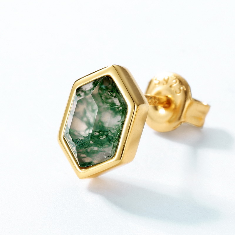Pendientes de piedra de musgo verde natural geométrico transfronterizo para mujer S925 Pendientes de ágata de hierba de agua hexagonal con incrustaciones de plata, lujo simple y ligero