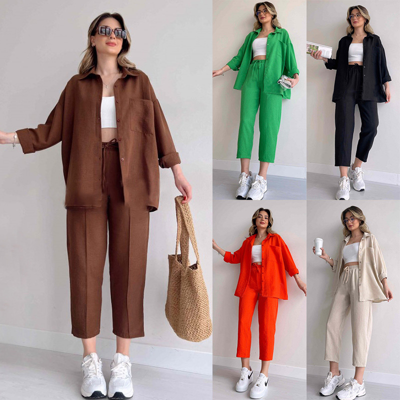 2025春夏欧美大码女装新款休闲宽松衬衫外套九分运动哈伦裤两件套