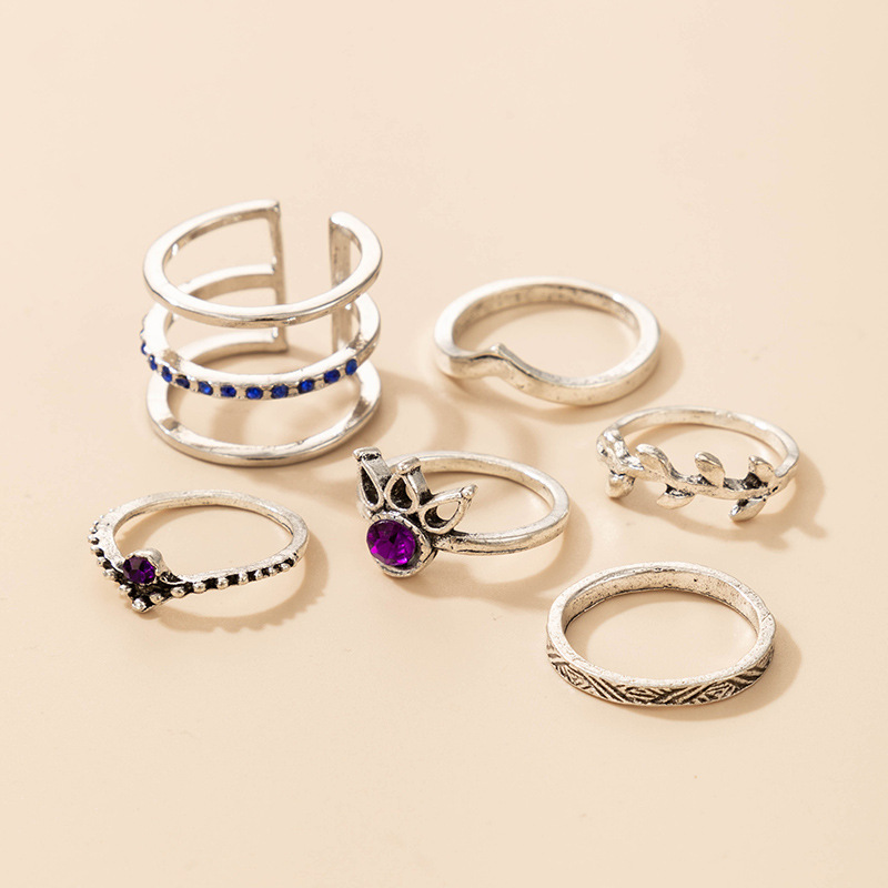 Fashion Jewelry Blue Purple Diamond Six-piece Geometric Leaf Hollow Alloy Ring Set display picture 3