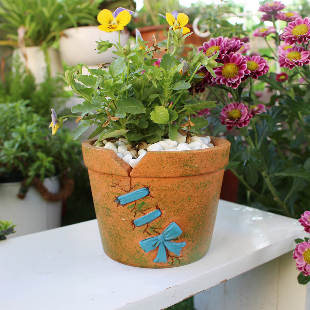  Resin Mending Flower Pot Embossed Love Bow Fleshy Retro Imitation Ceramic Flower Pot Old Large Diameter Now