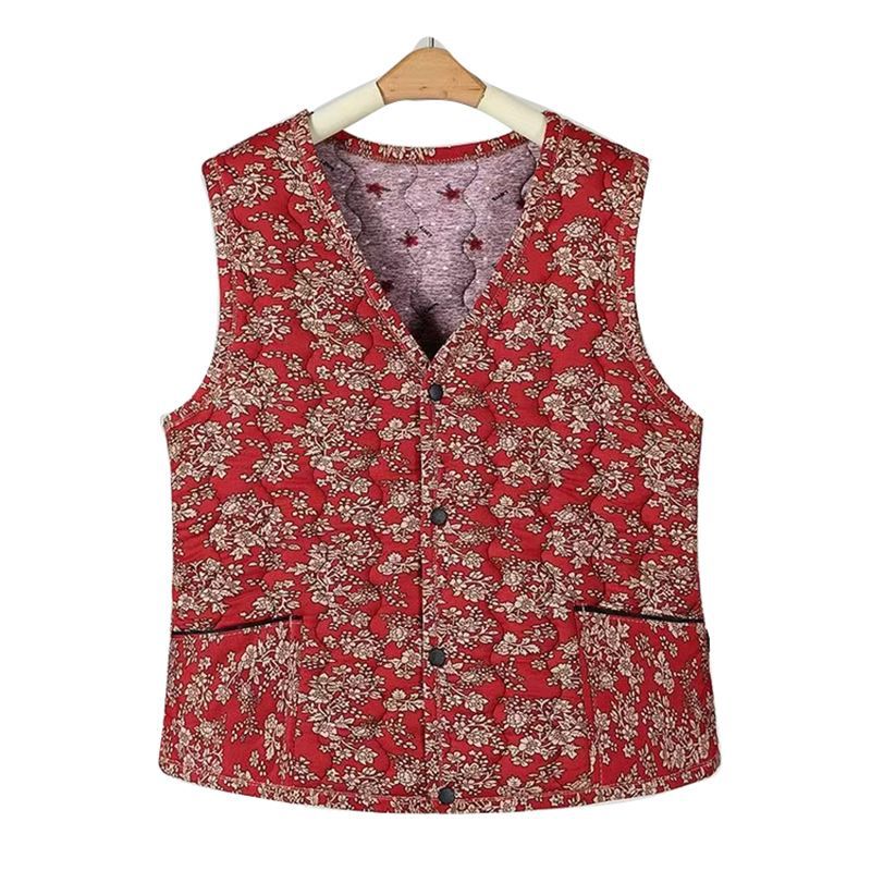 新款秋冬坎肩加棉加厚奶奶中老年碎花保暖驼绒背心妈妈民族风马甲