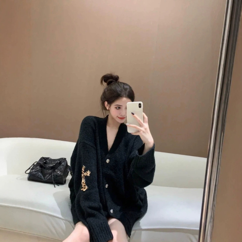 High-end Crohne 26ss new patchwork leopard print leather label knitted cardigan sweater jacket, fashionable for both men and women