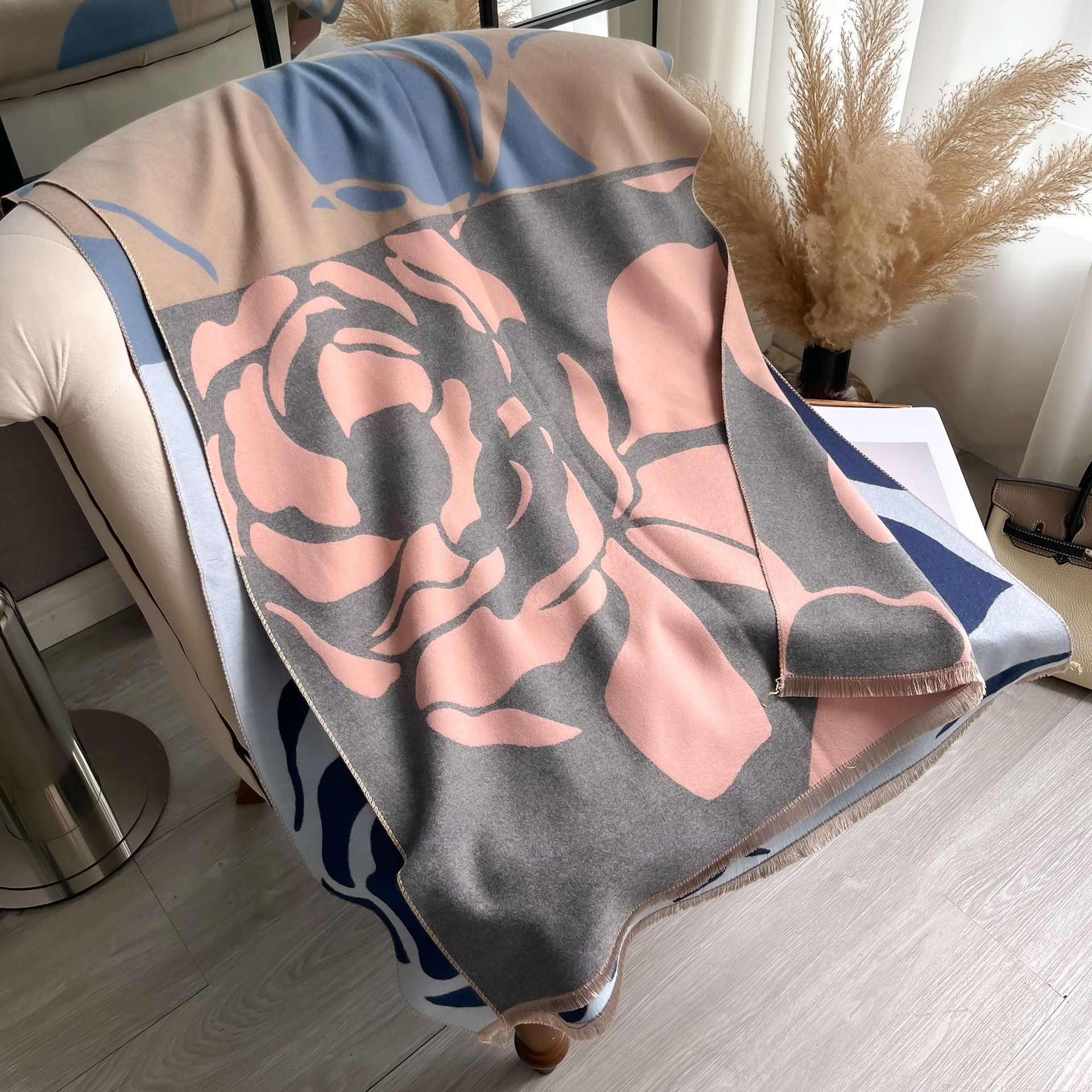Bufanda Chal de Imitación de Cachemira Estampado de Camelia Térmica para Otoño e Invierno