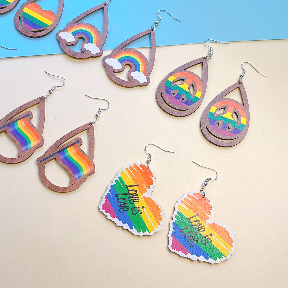 Wholesale Jewelry 1 Pair Sweet Letter Rainbow Heart Shape Wood Drop Earrings display picture 5