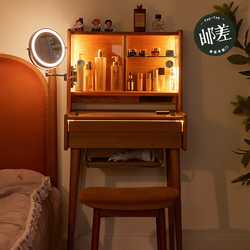 Her Furniture Small Apartment Solid Wood Dressing Table Narrow Retro Medieval Cherry Wood Dressing Table Bedside Table Integrated