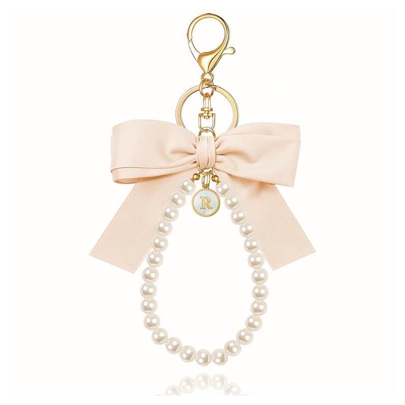 Letter Initial Letter Cute Show Off Bow Keychain Women's Wristband Simulated Pearl Key Chain Bag Hanging