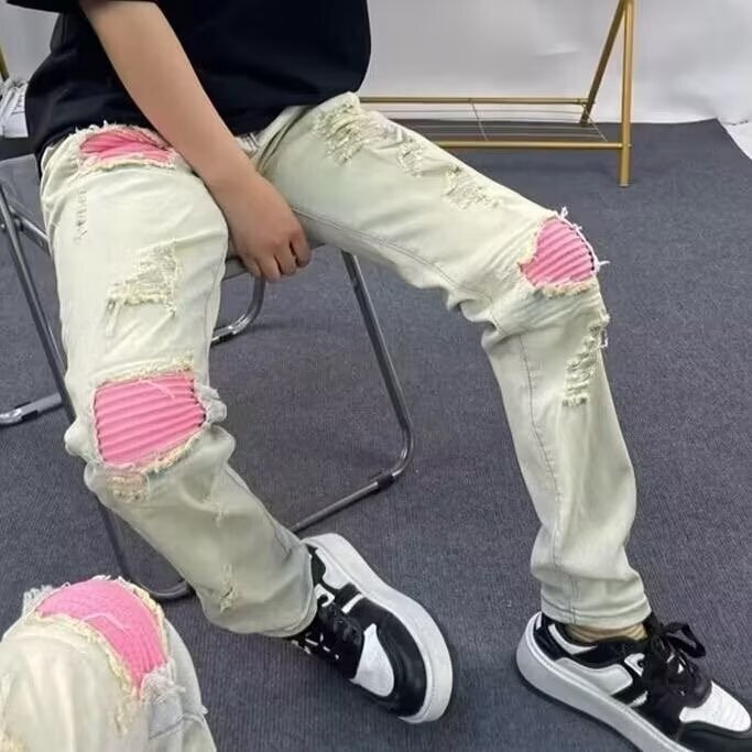 2025 New Knee Pink Patch Jeans Men's Puppies Handsome Yellow Mud Old Leggings American High Street Long Pants